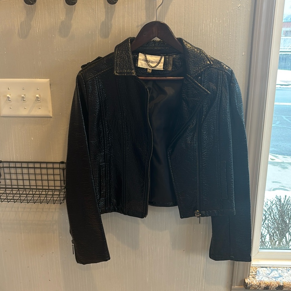 Raison D’etre Faux Patent Leather biker Jacket.